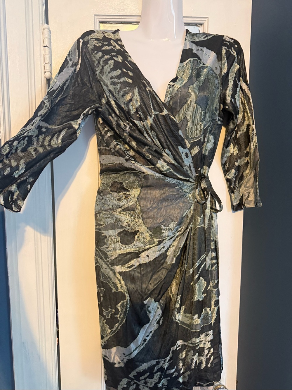 NWT Silk Diane von Furstenberg DVF Onyx Camo Mesh Wrap Midi Dress 8